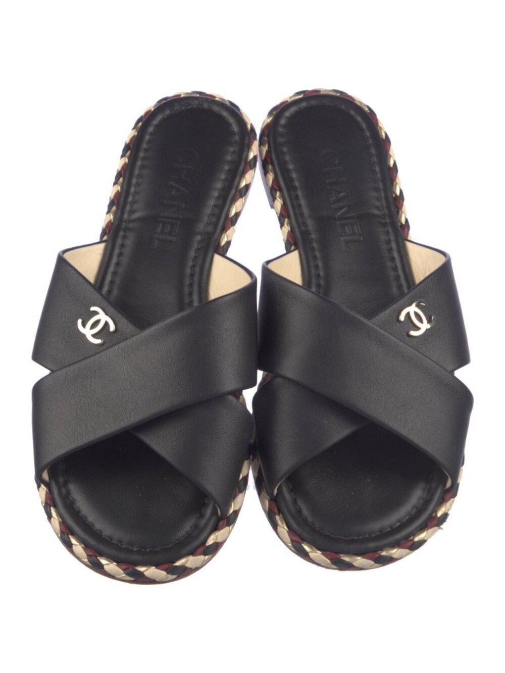 Chanel Interlocking CC Logo Black Leather Flat Sandals Slides
